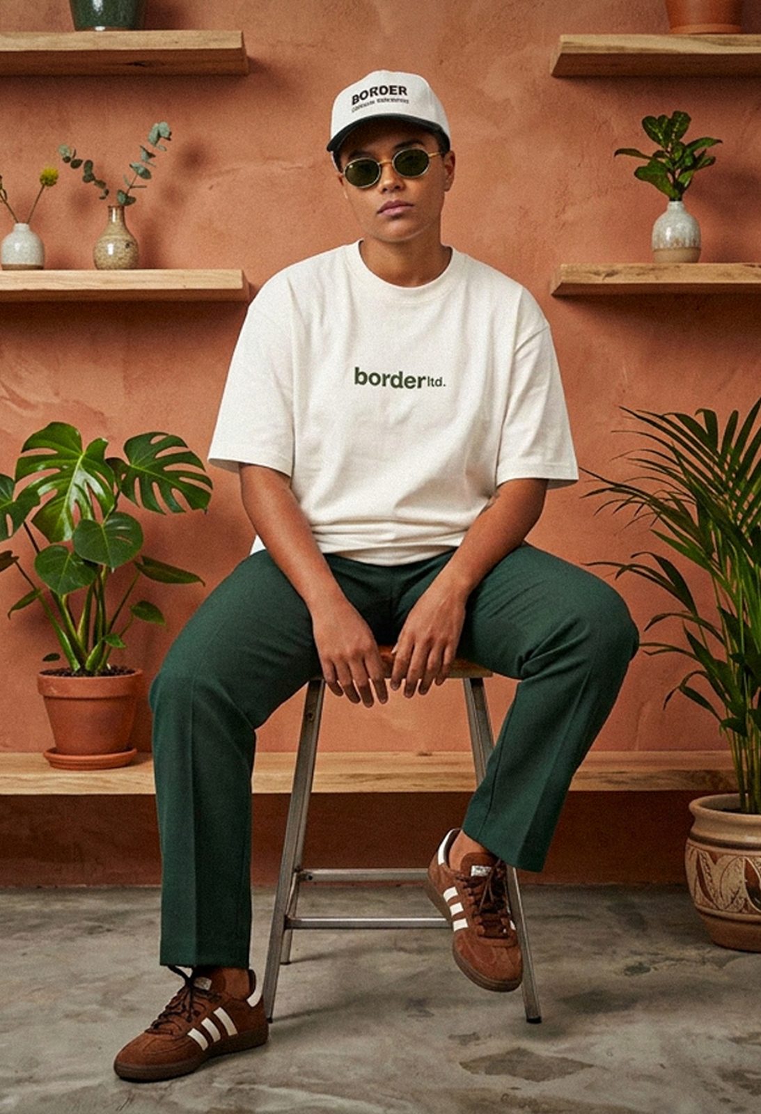 Ensaio IA: modelo no banquinho, parede terracota com plantas