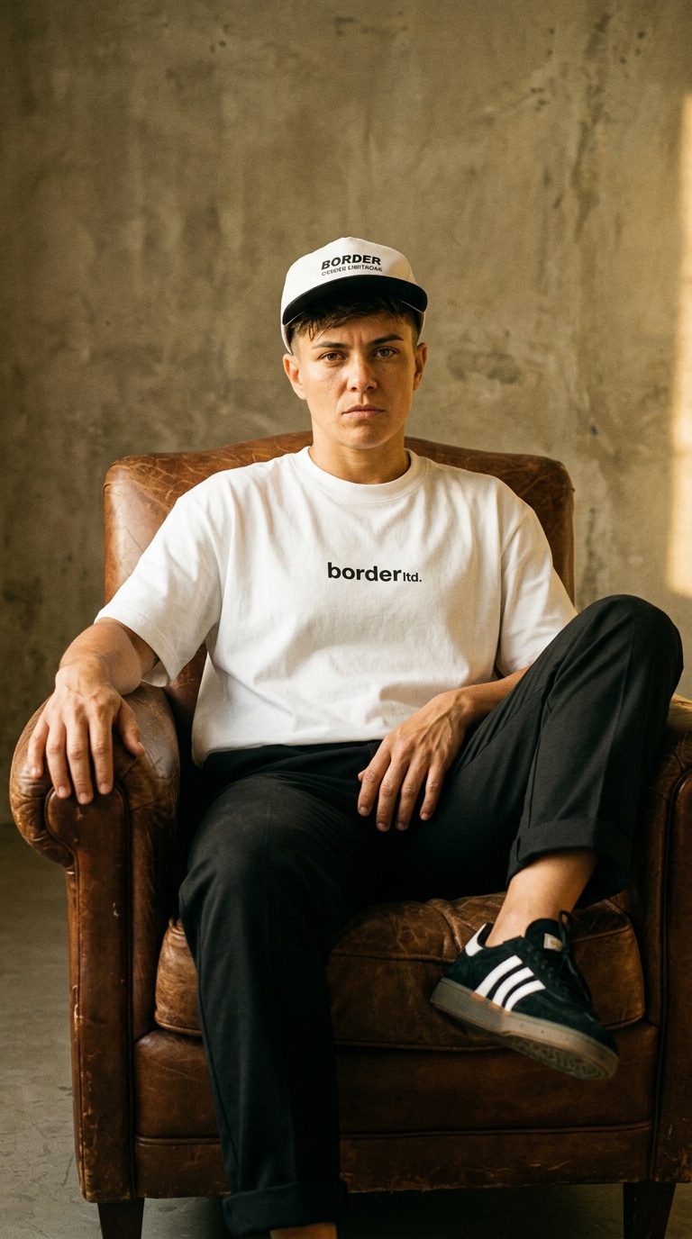 Ensaio IA: modelo sentada em poltrona de couro com camiseta border ltd